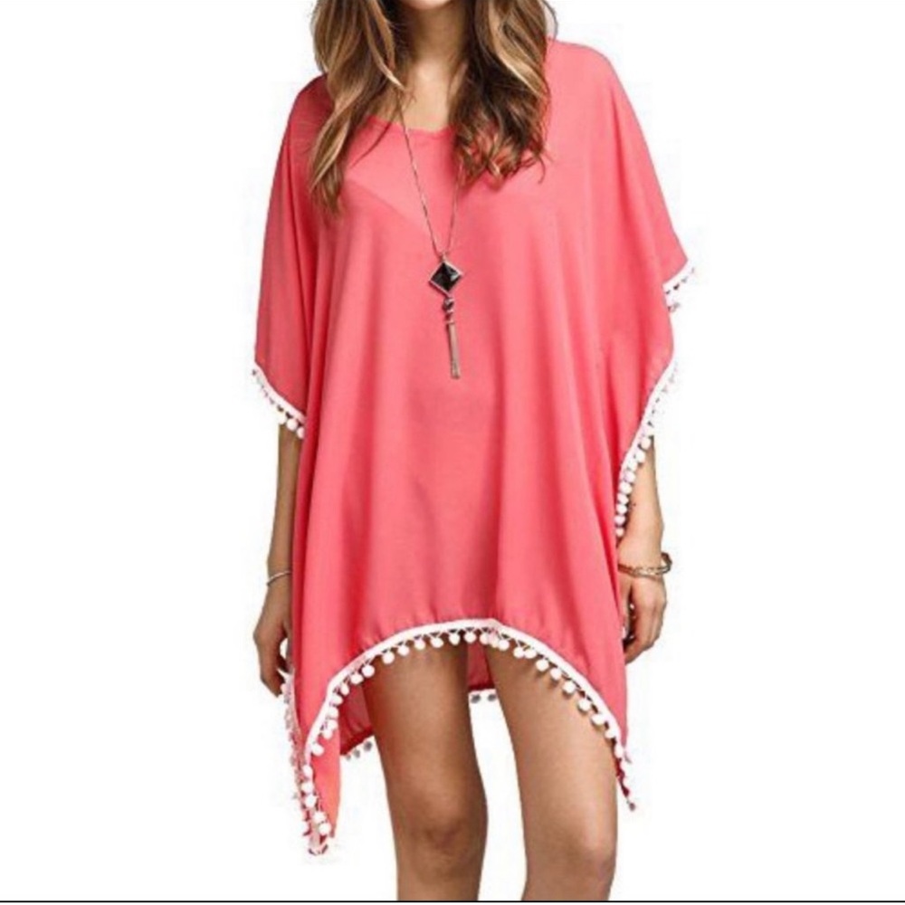 Adreamly Sz M pink chiffon dress or cover up with white Pom-Pom border